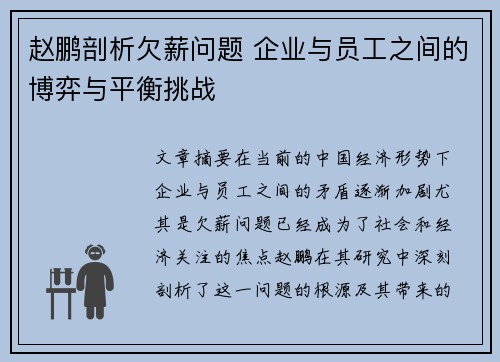 赵鹏剖析欠薪问题 企业与员工之间的博弈与平衡挑战