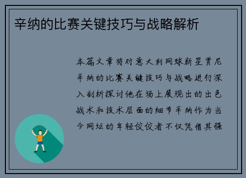 辛纳的比赛关键技巧与战略解析