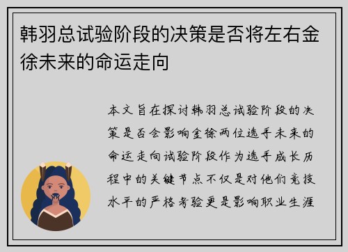 韩羽总试验阶段的决策是否将左右金徐未来的命运走向