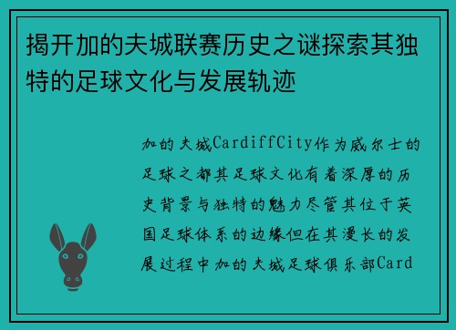 揭开加的夫城联赛历史之谜探索其独特的足球文化与发展轨迹