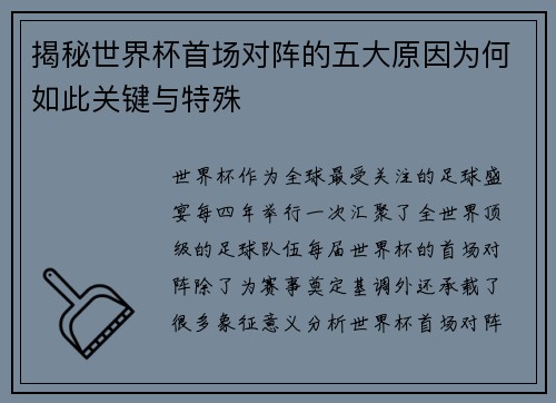 揭秘世界杯首场对阵的五大原因为何如此关键与特殊