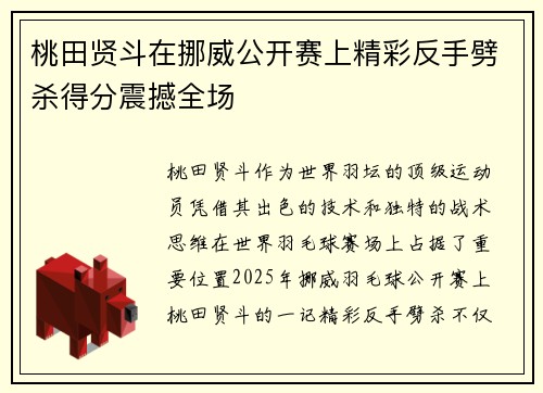 桃田贤斗在挪威公开赛上精彩反手劈杀得分震撼全场