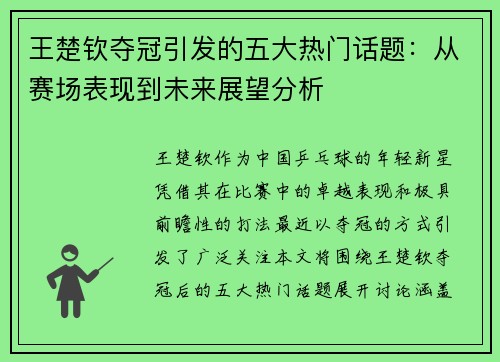 王楚钦夺冠引发的五大热门话题：从赛场表现到未来展望分析