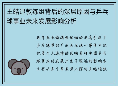 王皓退教练组背后的深层原因与乒乓球事业未来发展影响分析